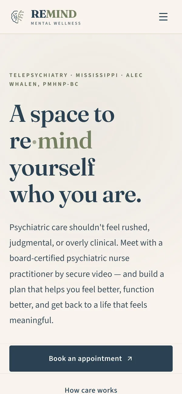 ReMind Mental Wellness website on a phone